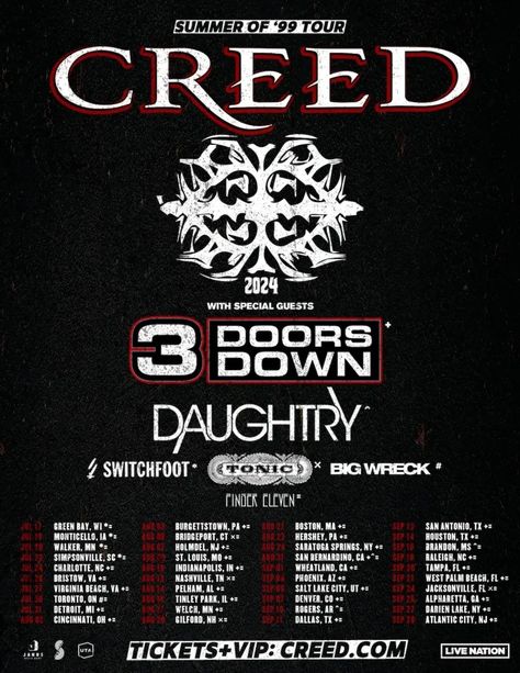 How to Get Tickets to Creed’s 2024 Reunion Tour Scott Stapp, Country List, Darien Lake, Night Club Bar, Creed 3, Dj Night, 3 Doors Down, The Verve, Concert Venue