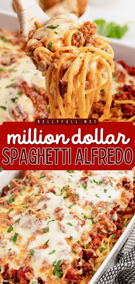 Want something different for dinner? Here's the ultimate spaghetti casserole! Combined with marinara sauce and lots of cheese, this Million Dollar Spaghetti Alfredo is outrageous in the best possible way. Your family will love this easy pasta dish! Spaghetti Alfredo And Meat Sauce, Million Dollar Alfredo Casserole, Dressed Up Spaghetti Sauce, Red And White Spaghetti, Things That Go With Spaghetti, Ultimate Spaghetti Bake, Spaghetti Lasagna Bake Easy, Spaghetti With Tomato And Alfredo Sauce, Spagetti Sauce And Alfredo