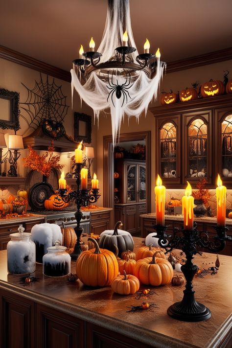 54 Halloween Decor for Kitchen Ideas - DIYCozy: Nails, Decor, DIY, Gardening, Holidays Halloween Decor Kitchen Island, Diy Halloween Kitchen Decor, Halloween Party Kitchen Island Decor, Halloween Bread Bowl Decor, Kitchen Counter Halloween Decor Ideas, Kitchen Island Halloween Decor, Halloween Kitchen Decorations, Kitchen Halloween Decor Ideas, Scary Halloween Kitchen