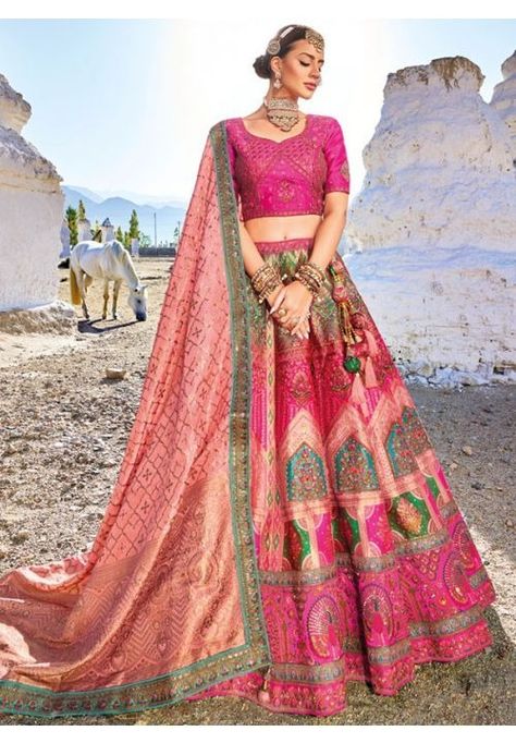 Rani Pink Wedding Wear Banarasi Silk Jacquard Lehenga Choli Set Banarsi Silk Lehenga, Umbrella Lehenga, Bridesmaid Lehenga, Silk Lehenga Choli, Groom Wedding Attire, Rani Pink, Maroon Wedding, Jacquard Blouse, Lehenga Online