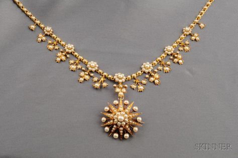 Antique 14kt Gold and Pearl Pendant Necklace 2448, 284 | Skinner Auctioneers Modern Jewelry Design Necklace Gold, 15 Gm Gold Necklace Design, Less Weight Gold Necklace, Gold Pendant Designs, Light Weight Gold Necklace, Pearl And Gold Necklace, New Necklace Designs, Necklace Sale, Gold Pearl Jewelry