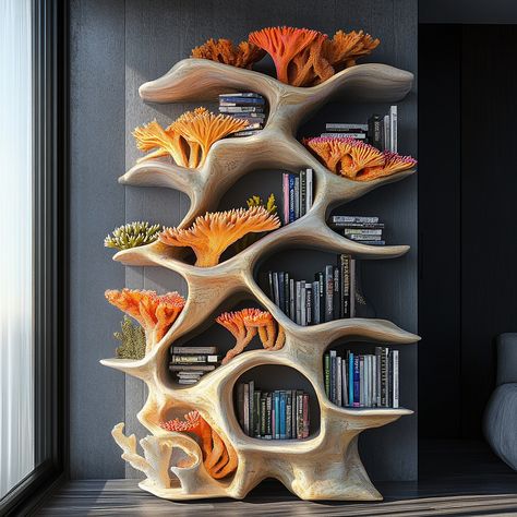 This coral-inspired bookshelf brings the beauty of the ocean into your home, with its organic, branching structure mimicking the intricate forms of underwater reefs. Crafted with flowing, asymmetrical shelves that resemble coral formations, the design creates a stunning visual centerpiece while providing ample space for books and decorative items. The natural curves and soft edges evoke a sense of tranquility and connection to the sea, making this bookshelf both functional and artistic, perfe... Organic Shelf, Asymmetrical Shelves, Paper Mache Sculpture, Soft Edges, Ceramic Teapots, Natural Curves, New Room, Paper Mache, Future House