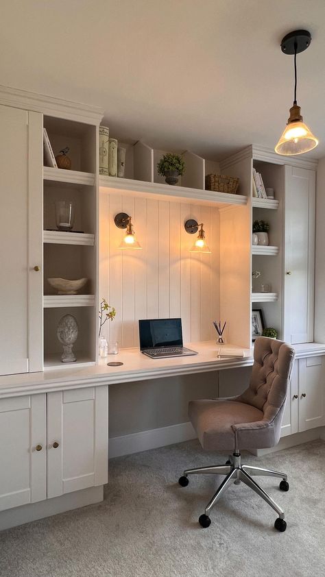 The office wouldn’t be the same without lighting! It makes such a difference to the space especially being a north facing… | Instagram Wall Built In With Desk, Mudroom And Office Combo, Small Office Den Room Ideas, Desk Built In, Built In Bookshelves With Desk, Small Office Built Ins, Cottage Office Ideas, Box Room Office, Office And Bedroom Combo Small Spaces