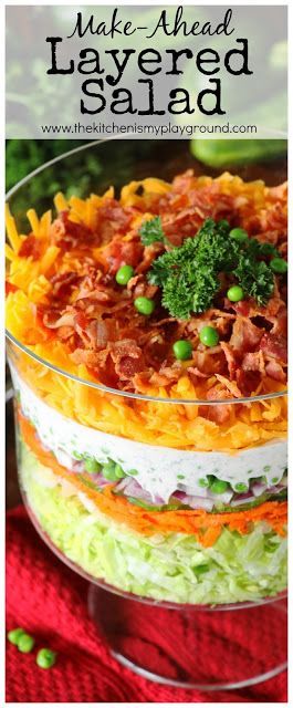 Make-Ahead Layered Salad {For a Crowd} ~ With make-ahead convenience and fabulous flavor, this is perfect for those summer cookouts Picnic Pasta Salad, Amish Macaroni Salad, Layered Taco Salads, Salad Bites, The Kitchen Is My Playground, Antipasto Pasta Salads, Layered Salad Recipes, Salads For A Crowd, Taco Salads