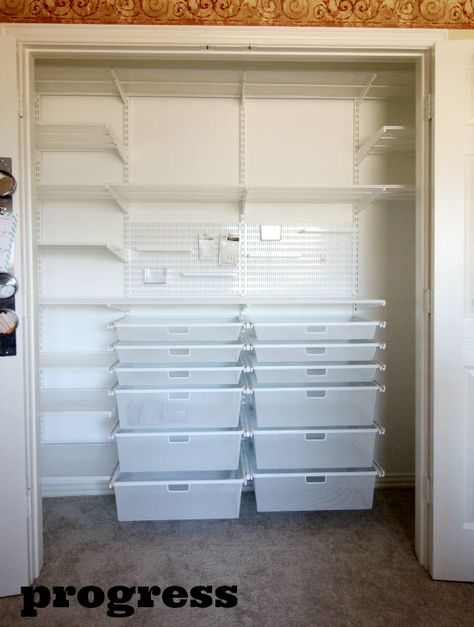 {Office/Craft Closet} Elfa Installed! | hi Sugarplum! Elfa Office, Closet Redesign, Closet Office Organization, Craft Room Closet, Craft Closet Organization, Craft Closet, Closet Office, Closet Organizing Systems, Craft Room Design