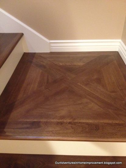 We recently replaced the carpet in our room above the garage (my husband's Mancave) with wood. The carpet on the stairs was the next thing to go. It took about four weekends from raw wood to the finished product. We're thrilled with the results! We used walnut to match the existing floor on the main level. Because the landing is halfway up the stairs and involves a 90 degree turn, my husband came up with this pattern so the landing looks great from either direction. There were lo… Replace Stairs, Thanks For Sticking With Me, Stairs Skirting, New Cuts, Staircase Landing, Old Sink, Building A Barn Door, Diy Staircase, Hallway Flooring