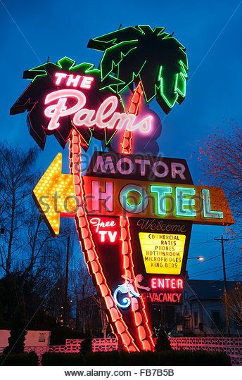 Neon sign for the Palms Motel, a retro icon of Portland, Oregon - Stock Image Retro Signage, Bank Of America Stadium, Pompe A Essence, Soldier Field, Vintage Neon Signs, Vintage Hotels, Neon Nights, Retro Sign, The Palms