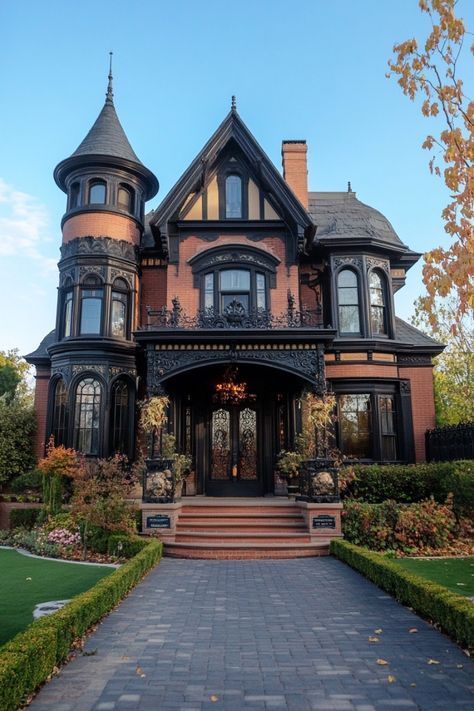 Home Decor: #homedecor, #interiordesign, #homedesign, #decor inspiration Inside Victorian Homes Interiors, Old Brick Mansion, Victorian Homes Black, New Build Victorian Homes, 1800 Victorian Home, Dark Wood Victorian House, Victorian Townhouse Exterior, Victorian Witch House, Victorian Ranch House