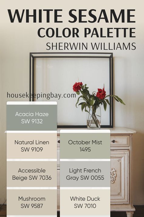 White Sesame Paint Color Palette Inspiration – Sherwin Williams Sherwin Williams Natural Choice, Accessible Beige Sw, Acacia Haze, Light French Gray, October Mist, Gossamer Veil, Interior Paint Schemes, Aegean Teal, Cabinets Bedroom