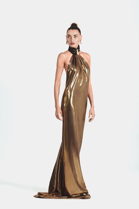 jean louis sabaji Middle Eastern Fashion, Grasshoppers, Halter Neck Dress, Liquid Gold, Feminine Beauty, Metallic Dress, Halterneck Dress, One Piece Dress, Gold Fashion