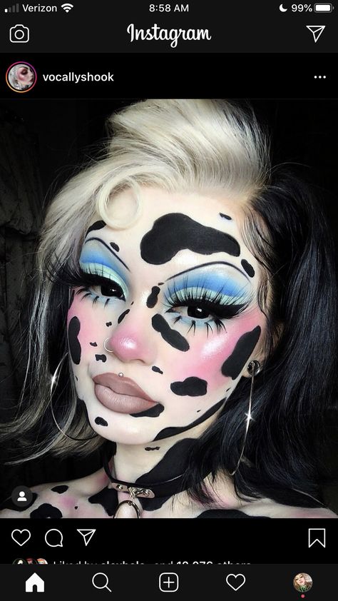 Cow Makeup Face, Animal Inspired Makeup, Animal Halloween Makeup, Cow Makeup Look, Makeup Horor, Halloween Costumes Creative, Pretty Halloween Makeup, Creative Halloween Makeup, Monster Makeup