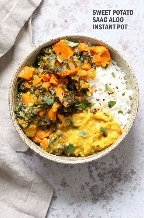 Instant Pot Saag Aloo - Sweet Potatoes & Chard Curry - Vegan Richa Saag Aloo, Vegan Indian Recipes, Plant Based Soups, Cubed Sweet Potatoes, Vegan Richa, Lectin Free, Beans Curry, Csa Recipes, Spinach Curry