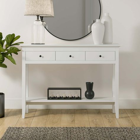 Entryway Table With Storage White, Console Table Hallway White, White Table Entryway, Small White Console Table With Drawers, White Hall Table, White Console Table Hallway, White Console Table Decor, Hallway Console Table Decor, Console Table Ideas