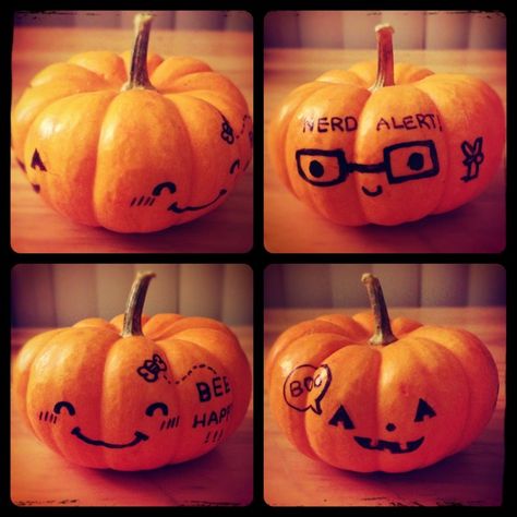 My "pumpkin carving" with Sharpie pen :P~ 3 faces drawn on one mini size pumpkin - very functional if I may say so :) Mini Pumpkin Sharpie Decorating, Sharpie Pumpkin, Drawn Pumpkin Faces, Pumpkin Sharpie Drawing, Draw On Pumpkins With Sharpie, Drawing On Pumpkins With Sharpie, Pumkin Decoration, Sharpie Drawings, Pumpkin Drawing