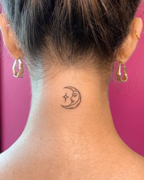 Moon Tattoo Neck Back, Sun Behind Ear Tattoo, Moon Behind Ear Tattoo, Small Moon Tattoos, Ear Tattoos, Awesome Tattoos, Mini Moon, Dainty Tattoos, Moon Face