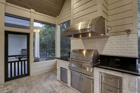 Outdoor Grill In Screened In Porch, Outdoor Kitchen Enclosed Patio, Screened Porch With Grill Area, Enclosed Patio Kitchen, Outdoor Kitchen On Porch, Outdoor Kitchen Porch, Screened In Porch With Kitchen, Porch Kitchen, Screened In Outdoor Kitchen