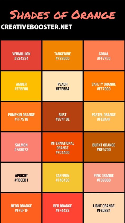 Types Of Orange Color, Orange Shades Colour Palettes, Colors That Compliment Orange, Supplement Photoshoot, Food Coloring Mixing Chart, Orange Color Shades, Color Names Chart, Colorful Aura, Colour Coordination