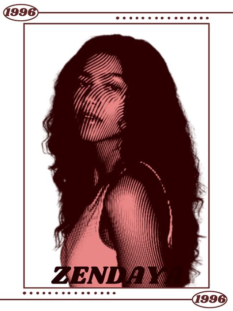 zendaya is red with decorations around her on a poster card Celebrity Posters Wall, Zendaya Poster Aesthetic, Zendaya Poster Vintage, Poster Prints Wall Bedroom Music, Y2k Posters For Room, Y2k Wall Prints, Pink Zendaya, Posters Celebrities, Zendaya Poster