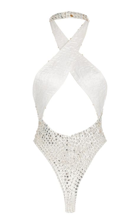 Crossed Crystal-Embellished Satin Bodysuit By Laquan Smith | Moda Operandi Satin Bodysuit, Laquan Smith, White Crosses, Halter Neckline, New Woman, Moda Operandi, Fashion Collection, Fashion Branding, Sleek