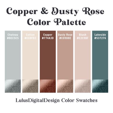 Teal Rose Gold Color Schemes, Teal And Rose Wedding, Rose Gold Wedding Theme Color Schemes Colour Palettes, Dusty Teal Wedding, Rose Gold Wedding Color Palette, Rose Gold Color Palette Colour Schemes, Dusty Teal, Dusty Color Palette, Dusty Rose Color Palette