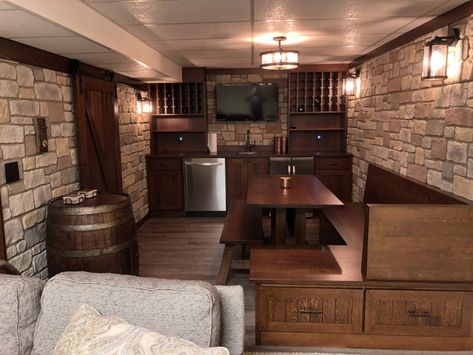 Underground Tavern, Dnd Room Ideas, Tavern Decor, Dnd Room, Basement Games, Faux Brick Panels, Faux Panels, Basement Inspiration, Interior And Exterior Design