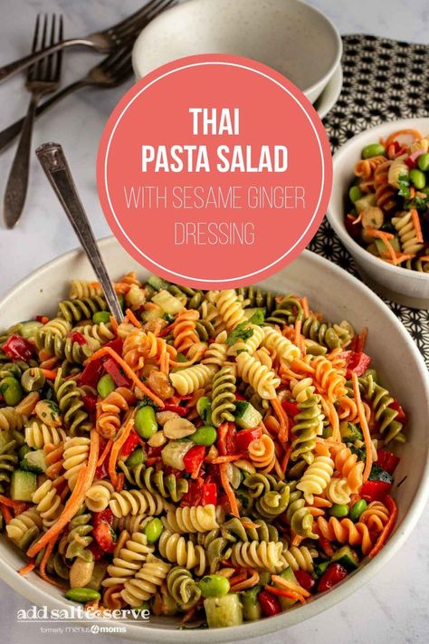 Thai Pasta Salad, Salad With Sesame Ginger Dressing, Thai Pasta, Edamame Pasta, Spiral Noodles, Thai Noodle Salad, Sesame Ginger Dressing, Vegan Pasta Dish, Red Pepper Pasta