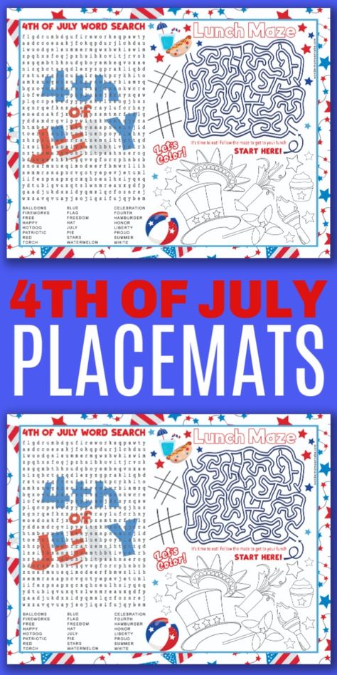 This printable 4th of July placemat for kids is patriotic and fun. A placemat with a word search, maze and coloring area, this will keep kids busy at meals. #printables #4thofJuly #placemats Activity Placemat, Keep Kids Busy, July Holidays, Printables For Kids, Longest Word, Printable Activities For Kids, Different Holidays, Easy Crafts For Kids, Work From Home Moms