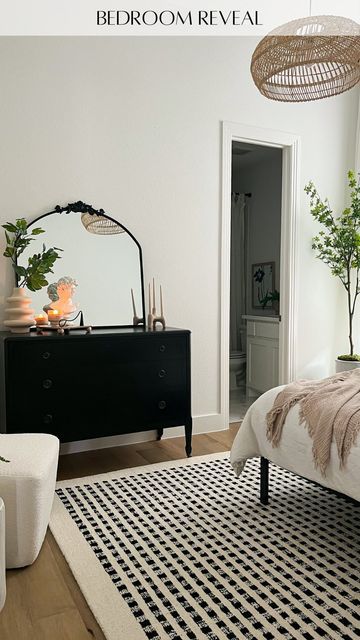 Black And White Dresser Decor, Black And White Feminine Bedroom, Black White Cream Bedroom, Country Glam Bedroom, Black Cream Bedroom, Black And White Furniture Bedroom, Bedroom With Black Accents, Black And Neutral Bedroom, World Market Decor