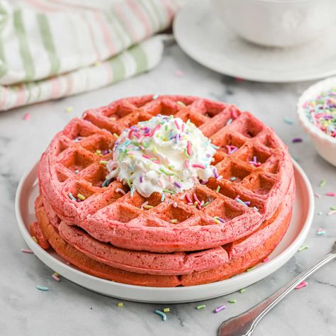 Pink Waffles Pink Waffles, Starbucks Egg Bites Recipe, Homemade Coffee Creamer Recipe, Overnight French Toast Recipe, Easy French Toast Bake, Easy Waffle Recipe, Cinnamon Roll Waffles, English Muffin Recipes, Eating On A Dime