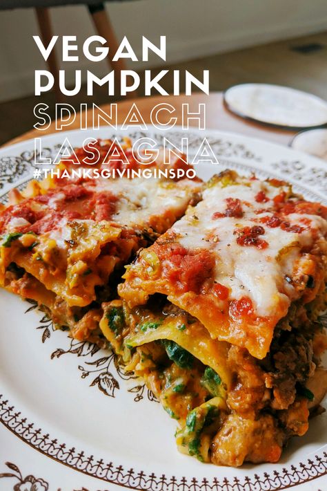 Vegan Autumn Lasagna, Pumpkin Lasagna Vegan, Pumpkin Spinach Lasagna, Vegan Mushroom Lasagna, Vegan Thanksgiving Meals, Pumpkin Lasagne, Meaty Mushrooms, Pumpkin Cauliflower, Vegan Bechamel