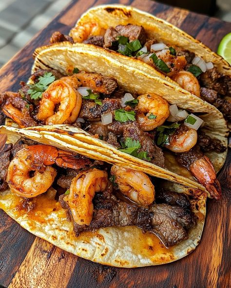 Steak Shrimp Tacos, Clean Eating Shrimp Tacos, Steak N Shrimp Recipes, Taco Recipes Steak, Steak Tacos On Blackstone, Steak And Shrimp Burrito Recipe, Surf Turf Dinner Recipes For, Marry Me Steak Tacos, Steak And Shrimp Recipes Dinners