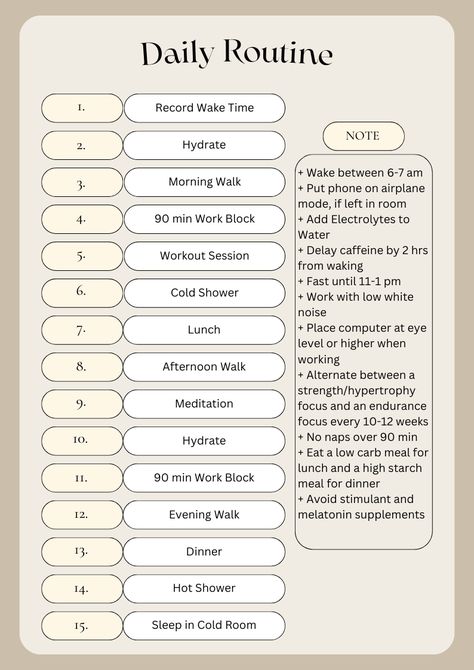 This daily routine is based off of an episode on optimizing productivity and health by Andrew Huberman. Daily Routine Examples, Creating A Schedule Daily Routines, Organize Life Daily Routines, Andrew Huberman Routine, Huberman Routine, Huberman Morning Routine, Andrew Huberman Morning Routine, Men Daily Routine, Organization Drawing