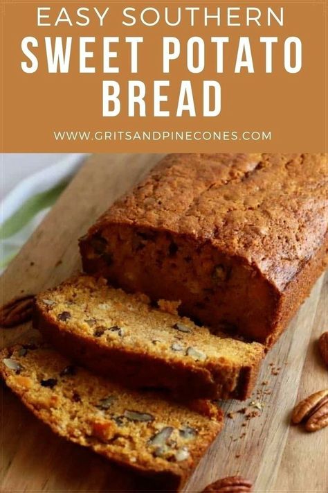 Easy Southern Sweet Potato Bread with Pecans is the ultimate quick bread! It's moist, flavorful and loaded with sweet potatoes and crunchy pecans. This tasty quick bread will soon become a new family favorite. Sweet Potato Quick Bread, Sweet Potato Dessert, Sweet Potato Pecan, Sweet Potato Bread, Homemade Breads, Potato Bread, Fruit Bread, Crunchy Pecans, Gateaux Cake