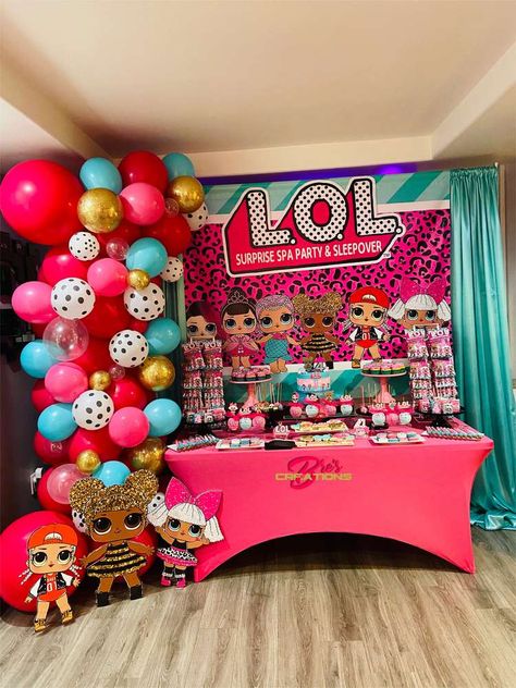 Loyalty’s “LOL Surprise Spa and Sleepover Birthday Party | CatchMyParty.com Lol Doll Birthday Party Decorations, Lol Food Party Ideas, Lol Pool Party Ideas, Lol Surprise Dolls Birthday Party, Lol Surprise Treat Table, Lol Surprise Theme Birthday Party Ideas, Lol Sleepover Party Ideas, Lol Omg Birthday Party Ideas, Lol Surprise Decorations