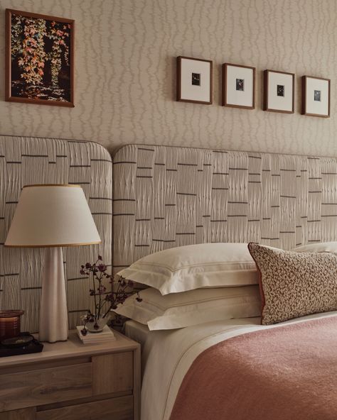 The guest bedroom in Project Bloom features a soft neutral palette, a bespoke headboard, and carefully curated details that evoke calm. In the ensuite, whitewashed oak vanity joinery and a striking Crema Delicatus granite countertop create a seamless flow between the two spaces. Photographer: @studio_rochowski   #elicyon #luxuryinteriordesign #bespokeinteriordesign #bathroomdesign #projectbloom Woven Bed Bench, Headboard Walls, Bespoke Headboard, Delicatus Granite, Bespoke Headboards, Whitewashed Oak, Oak Vanity, Bedroom Design Inspiration, Photographer Studio