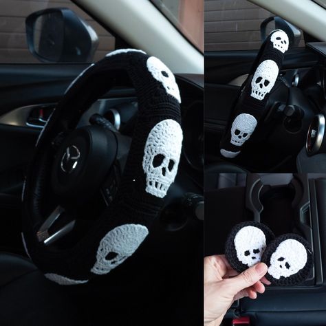 Black Skull Steering Wheel Cover Crochet for men | Halloween car accessories interior decor -  #accessories #Black #Car #cover #Crochet #decor #Halloween #interior #Men #Skull #Steering #Wheel Goth Car Interior Decor, Halloween Car Accessories, Skull Steering Wheel Cover, Goth Car Interior, Crochet For Men, Patchwork Granny Square, Horror Crochet, Goth Car, Skull Crochet