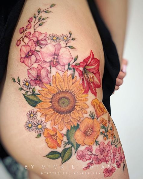 Vickie Chiang (@tattooist_inkandbloom) posted on Instagram: “Hip/ thigh piece for Jenny ♡ #hiptattoo #thightattoo #orchidtattoo #cherryblossomtattoo #sakuratattoo #botanicaltattoo #flowertattoo…” • Apr 2, 2021 at 6:32pm UTC Thigh Flower Tattoo, Tattoo On Hip Bone, Floral Hip Tattoo, Flower Hip Tattoos, Floral Thigh Tattoos, Flower Thigh Tattoos, Hip Tattoos, Thigh Tattoo Designs, Orchid Tattoo