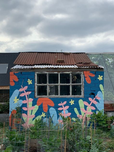 Mural Painting — Bloom Sheffield Painted Garden Wall, Shed Mural, Shed Murals Outdoor, Black Brick Wall, Tuff Shed, Cinder Block Walls, Black Brick, Block Wall, Community Gardening