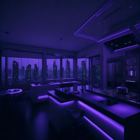 Purple And Black House, Gothic Penthouse, Led Penthouse, Aesthetic Room Led, Black Penthouse, Black Luxury House, Purple Led Lights, New York Penthouse, Black Bedroom Design