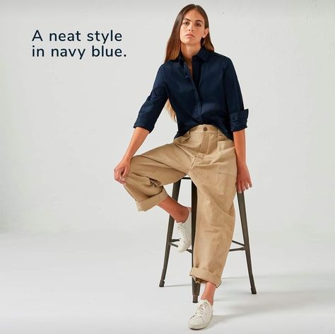 Oversized Trousers, Navy Blue Outfit, Khakis Outfit, Daytime Outfits, Khaki Pants Women, Essential Shirt, Navy And Khaki, Neat Style, Blue Outfit