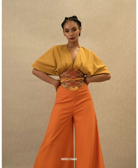 Shop OLLA CROP TOP - MUSTARD from Andrea Iyamah at Seezona | Seezona Sunset Embroidery, Embroidered Corset, Andrea Iyamah, Boys Swimwear, Pleated Bodice, Kimono Sleeve, Linen Pants, S Models, High Waisted Pants