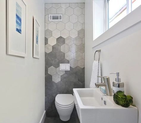 Small Powder Room Design, Industrial Modern Bathroom, Powder Room Modern, Hexagon Tile Bathroom, Tiny Powder Room, Modern Powder Rooms, Modern Powder Room, Cottage Style Bathrooms, Toilet Tiles