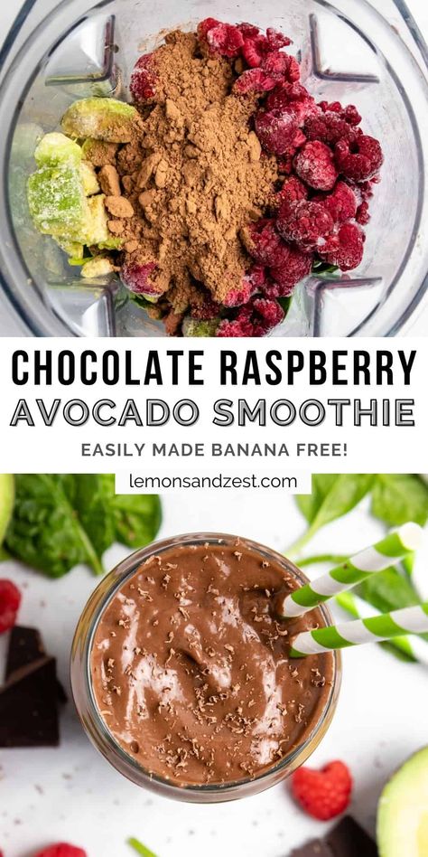 This rich and creamy Chocolate Raspberry Smoothie with Avocado is a chocolate treat full of protein, veggies, and all the good stuff. 5 minutes to whip up and easily made banana free if necessary. A great breakfast or afternoon pick me up--so delicious! Smoothie With Avocado, Chocolate Raspberry Smoothie, Chocolate Avocado Smoothie, Smoothie Recipes Healthy Breakfast, Raspberry Smoothie, Avocado Smoothie, Easy Smoothies, Smoothie Shakes, Chocolate Raspberry