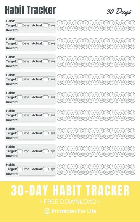 Free Printable to Build Habits in Just 30 Days Habit Tracker With Rewards, Habit Tracker Pdf Free, 30 Day Tracker Free Printable, Workout Tracker Printable Free, Habit Tracker Printable Monthly, Tracker Printable Free, Workout Tracker Printable, Study Planner Printable Free, Countdown Calendar Printable