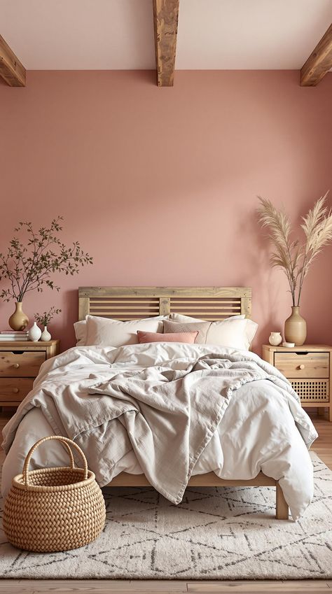 Pink Bedroom Ideas Pink Wood Headboard, Bedroom Dusky Pink, Blush Pink Bedding Ideas, Coral Pink Bedroom Ideas, Pink Bedroom Mood Board, Pink Colour Drenched Bedroom, Dusky Pink Bedroom Ideas, Light Pink Wall Bedroom, Soft Pink Bedroom Walls