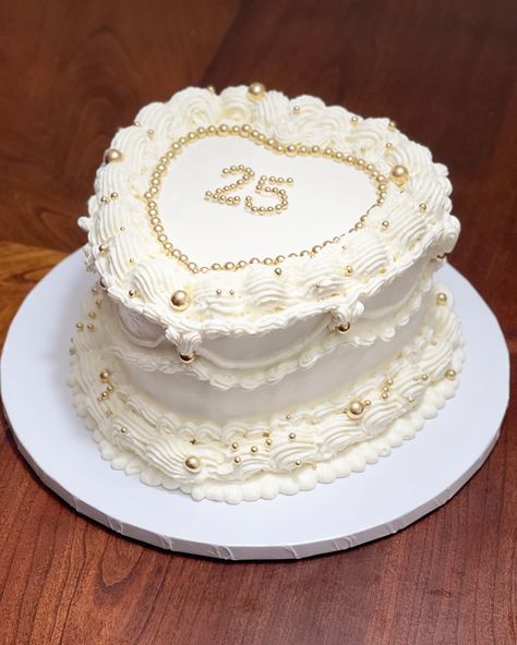 White and Gold Vintage Heart Cake🤍✨ #vintagecakes #vintagestyle #vintage #vintageheartcake #cakes #igcakes #cakeoftheday #birthdaycake #birthday #25 #25thbirthday #25thbirthdaycake #heartcake #whiteandgold #goldsprinkles #cakeinspiration #cakeinstagram #houstontx #cypresstx #wallertx White And Gold Vintage Cake, White And Gold Heart Cake, Gold Heart Cake, 21st Bday Cake, Birthday 25, Vintage Heart Cake, Dream Birthday, Gold Birthday Cake, Gold Sprinkles