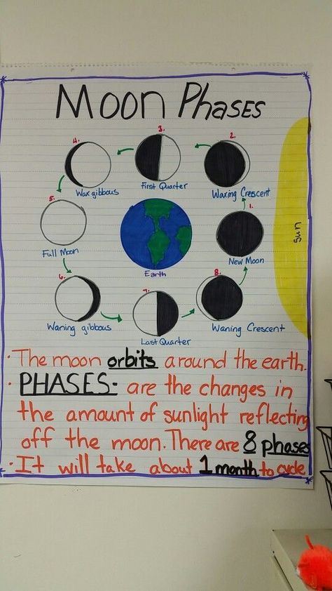 Moon phases anchor chart.    Anchor chart that displays the eight phases of the moon. Moon Phases Anchor Chart, Solar System Activities, Science Earth, Fourth Grade Science, Science Anchor Charts, 1st Grade Science, First Grade Science, 8th Grade Science, 4th Grade Science