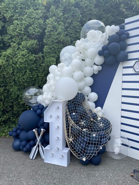 Ahoy There! Happy birthday, CAPTAIN D ⚓️ | CatchMyParty.com Nautical Balloon Garland, Row Your Boat Birthday Party, Nantucket Party, Birthday Captain, Nautical Baby Shower Boy, Sailor Party, Fisher Man, Sailor Theme, Nautical Birthday Party