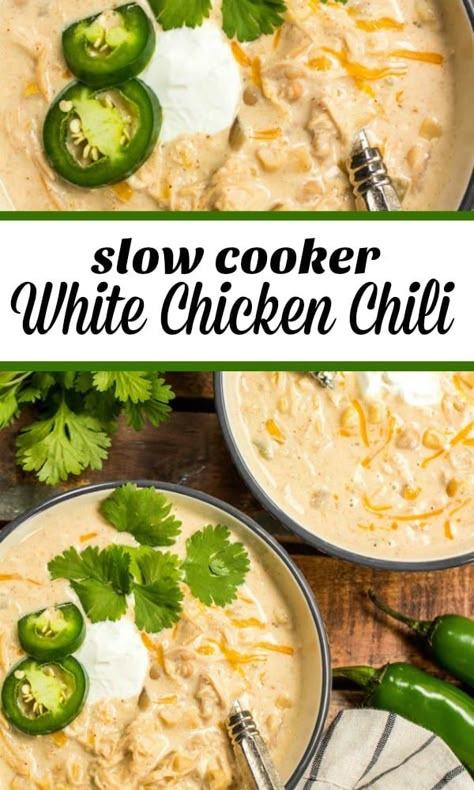 This slow cooker white chicken chili is a family recipe I grew up with, and it's every bit as hearty and delicious as it is easy to make. It's made with a few simple ingredients like white corn, shredded chicken, cream cheese, northern beans and the perfect spice combination. With only a couple of minutes of prep work, this hands off dinner is a great recipe for a chilly fall or winter night. #slowcookerchili #whitechickenchili #slowcookerwhitechickenchili White Bean Chicken Chili Crockpot Easy, Keto White Chicken Chili Crock Pot, White Chicken Chili Recipe Crockpot, Slow Cooker White Chicken Chili, Chili Slow Cooker, White Chicken Chili Slow Cooker, Chicken Chili Crockpot, Slow Cooker Chili Recipe, Slow Cooker Chicken Chili