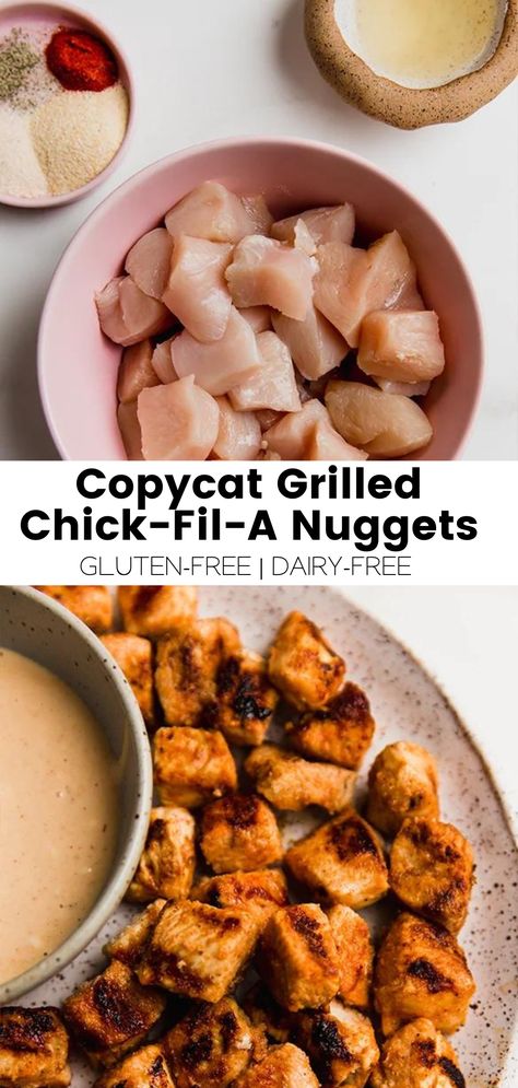 Copycat Grilled Chick-Fil-A Nuggets - Unbound Wellness Chick Fil A Grilled Chicken Recipe, Chick Fil A Grilled Nuggets Recipe, Grilled Nuggets, Diets For Picky Eaters, Sweet Potato Tots, Healthy Chicken Nuggets, Chick Fil A Nuggets, Unbound Wellness, Chick Fil A Sauce